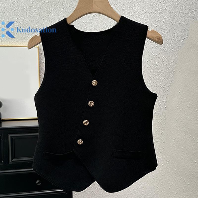 Kudosation Pháp Retro Cổ Chữ V Cổ Đơn Không Đều Không Tay Mỏng Dệt Kim Áo Vest Nữ Đẹp