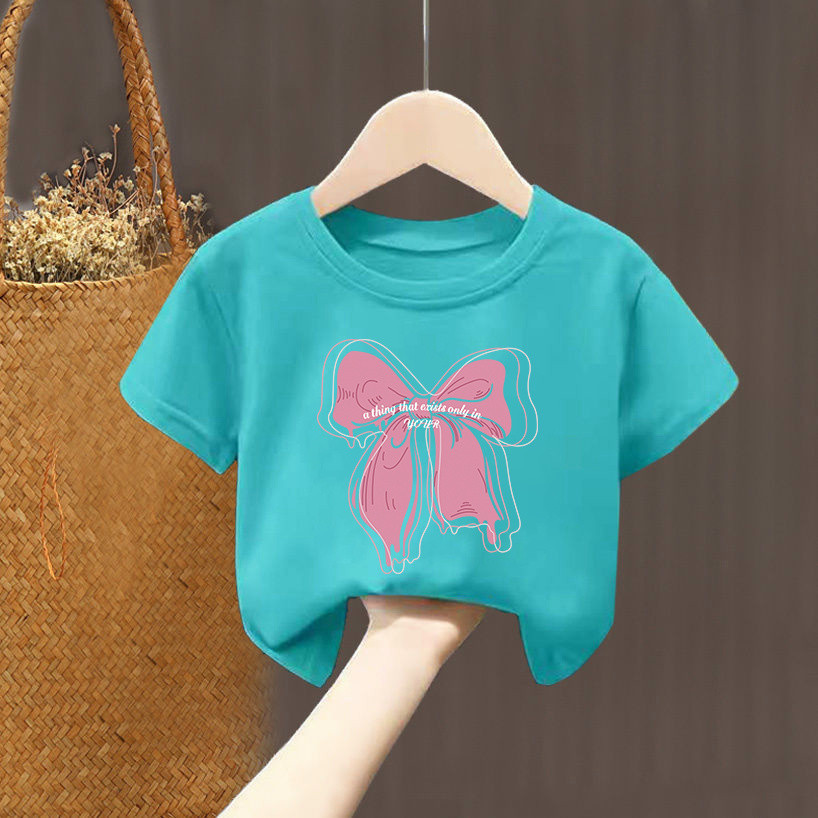 Áo Thun Hàn Quốc Quần Áo Trẻ Em Ngọt Nơ In Hình Mùa Hè Tay Ngắn Áo Thun Unisex Bé Gái Bé Trai Thời Trang Áo Quần Áo 0-12 Tuổi