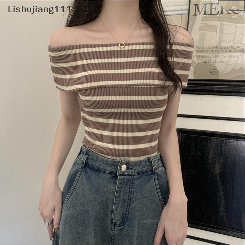 Li ✨Real Shot Áo thun dệt kim ngắn tay sọc một vai mới mùa hè dành cho Slim Top SHU