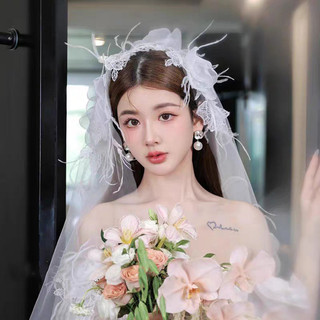 1 chiếc mũ lông vũ ren, phụ kiện váy cưới cô dâu, phụ kiện đám cưới đa năng studio