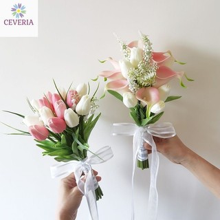 Bó hoa cưới cầm tay cô dâu nhân tạo cao su non mẫu Rum và tulip