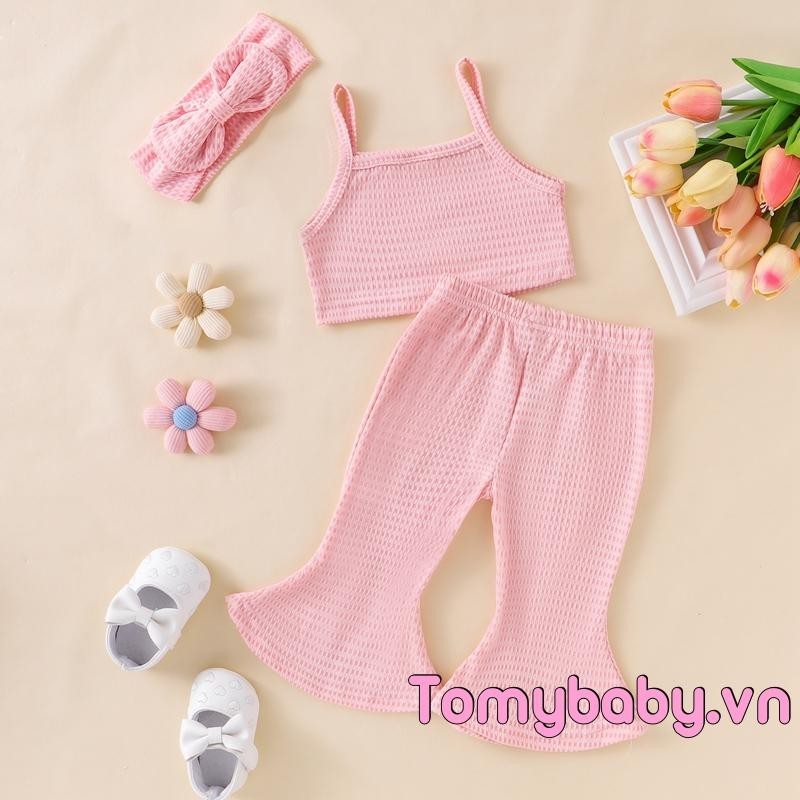 Bé Gái 3 Bộ Quần Áo Màu Trơn Gân Áo Tank Không Tay + Quần loe Băng Đô Trang Phục Mùa Hè