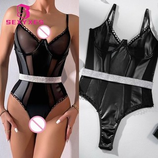 Rỗng Gợi Cảm Dây Đeo Cổ Áo Liền Quần Nữ Bộ Đồ Ngủ Da PU Gợi Cảm MD0512