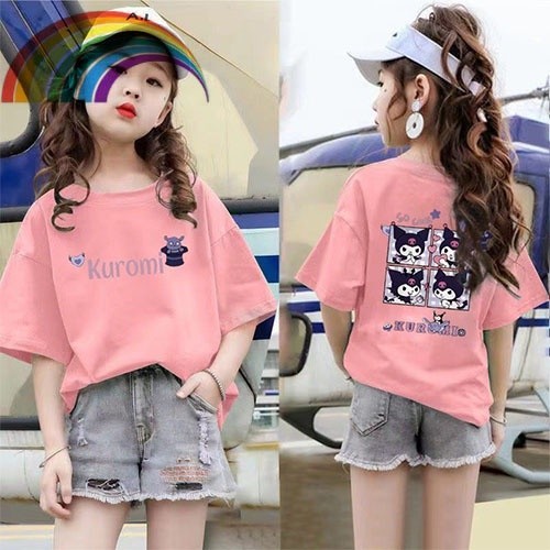 Mùa Hè Kuromi Họa Tiết Hoạt Hình Áo Thun Bé Gái Họa Tiết Áo Sơ Mi Trẻ Em Hàng Ngày Tay Ngắn