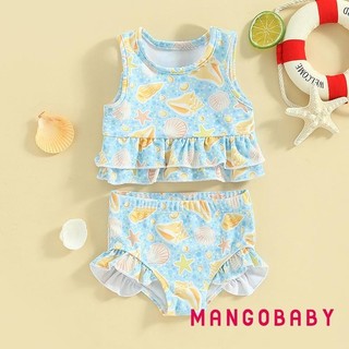 Mg-toddler Girl 's Summer Bikini 2 Chiếc Bộ Hình Sao Biển Không Tay Cổ Tròn Xù Áo Có Quần Short Đồ Bơi
