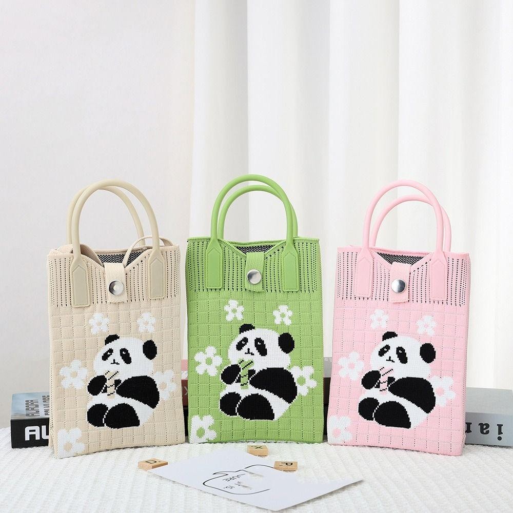 Túi xách dệt kim WOAY, Túi đeo vai Mini hoạt hình, Túi đeo tay thắt nút gấu trúc bằng vải Polyester dung lượng cao có thể tái sử dụng cho học sinh