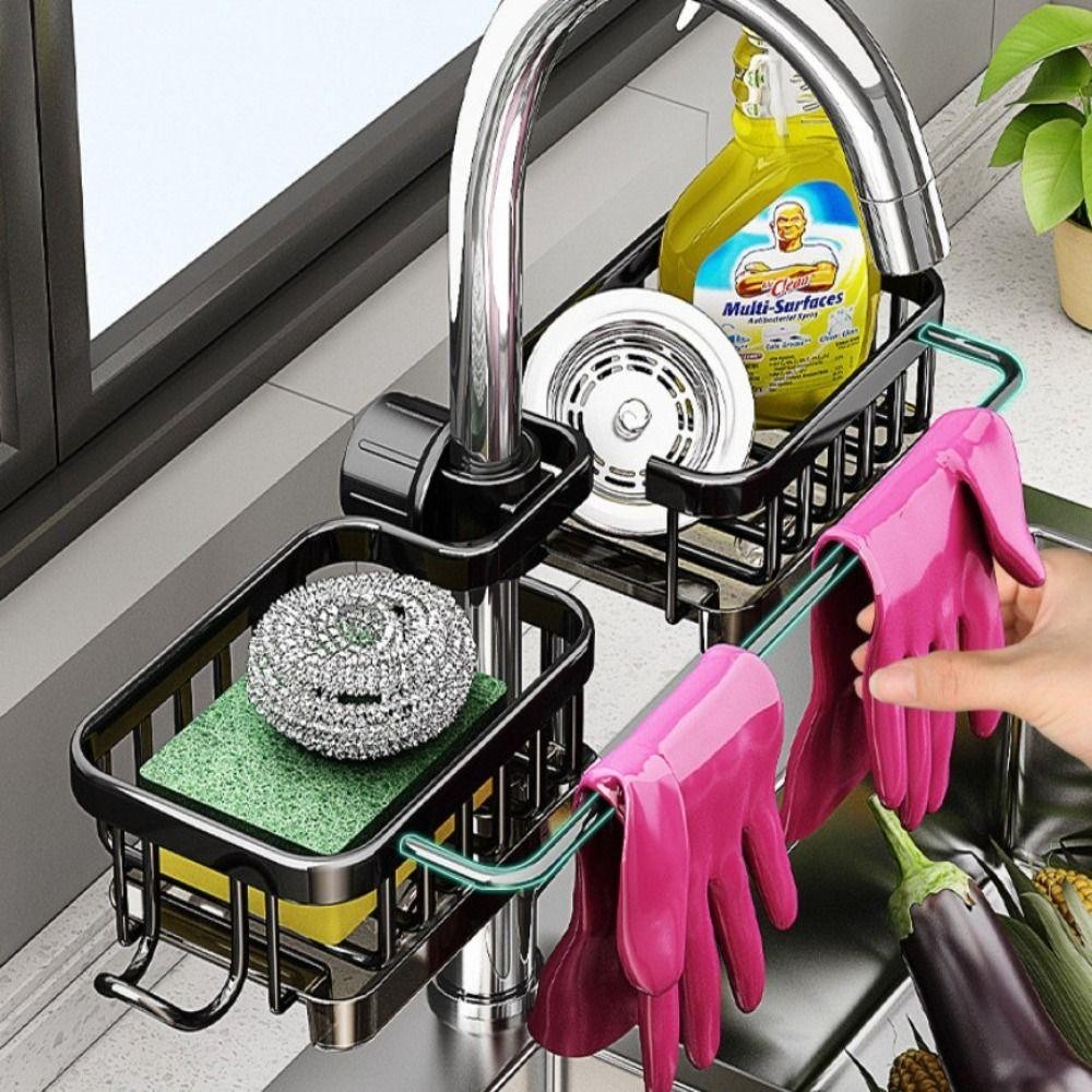 Giá thoát nước bồn rửa chén YMIFI, Kệ thoát nước xà phòng Giỏ đựng bọt biển bằng nhôm không gian, Dụng cụ sắp xếp phòng tắm Multipurppse Tiết kiệm không gian Giá đỡ vòi bếp