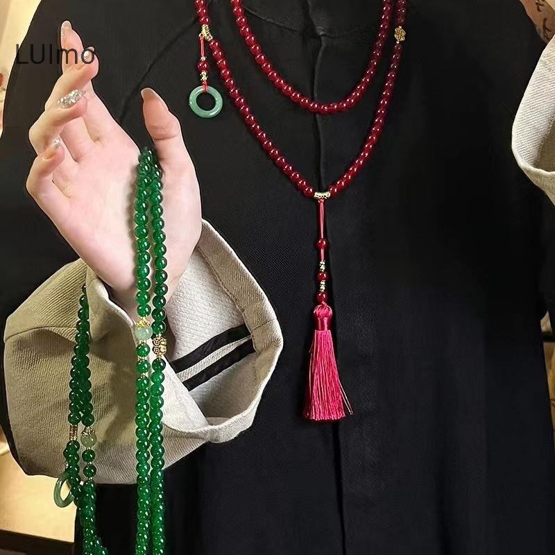 Luimo Đá Tự Nhiên Cầu Nguyện Vòng Cổ Nữ Phật Giáo Thiền Xanh Pha Lê Vòng Cổ Dài sel Chokers Quà Tặng SBS