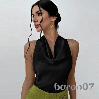 Phụ Nữ Satin Tank Áo Thường Ngày Mùa Hè Màu Trơn Thắt Lưng Cowl Cổ Áo Sơ Mi Không Tay Cơ Bản Áo Vest Cho Dạo Phố