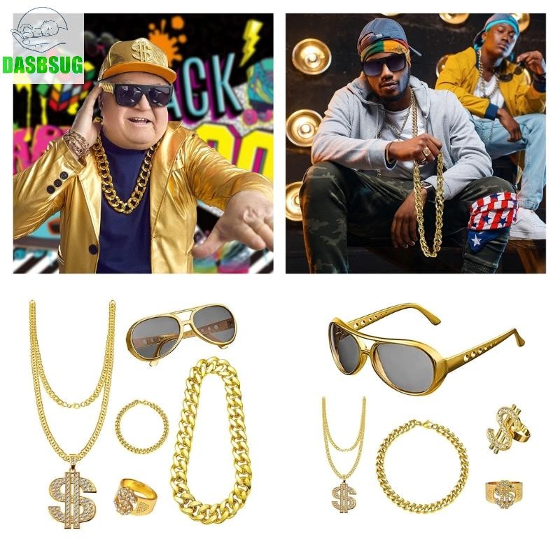 Dasbsug Hip Hop Bộ Trang Phục 80 Thập Niên 90 Rapper Phụ Kiện Mũ Kính Mát Dây Xích Vàng Nhẫn Trang Phục Cho Nam Nữ Halloween Co