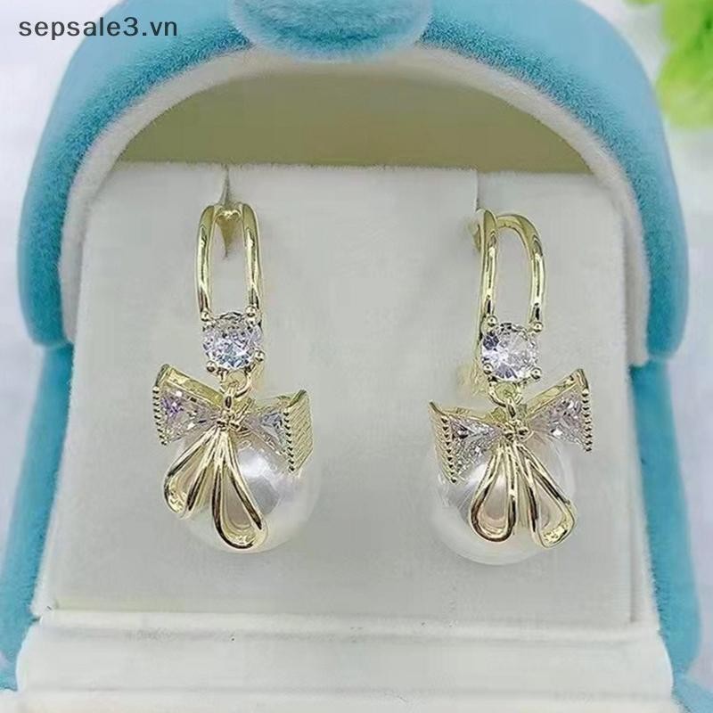 # sepsale # Bông tai ngọc trai đính đá tinh tế dành cho nữ Bông tai trang sức tiệc cưới.