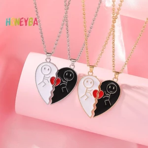 < Honeyba > Vòng cổ cặp đôi trái tim tình yêu Thời trang chắp vá Trái tim Người bạn thân nhất Mặt dây chuyền BFF