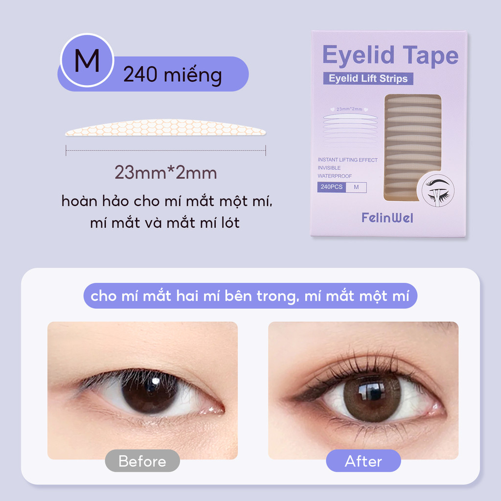 FelinWel - Miếng Dán Mí Vô Hình Không Thấm Nước Lâu Trôi, Dành Cho Mắt Sụp Mí, Tự Dính, Có 2 Loại, Kèm Dụng Cụ