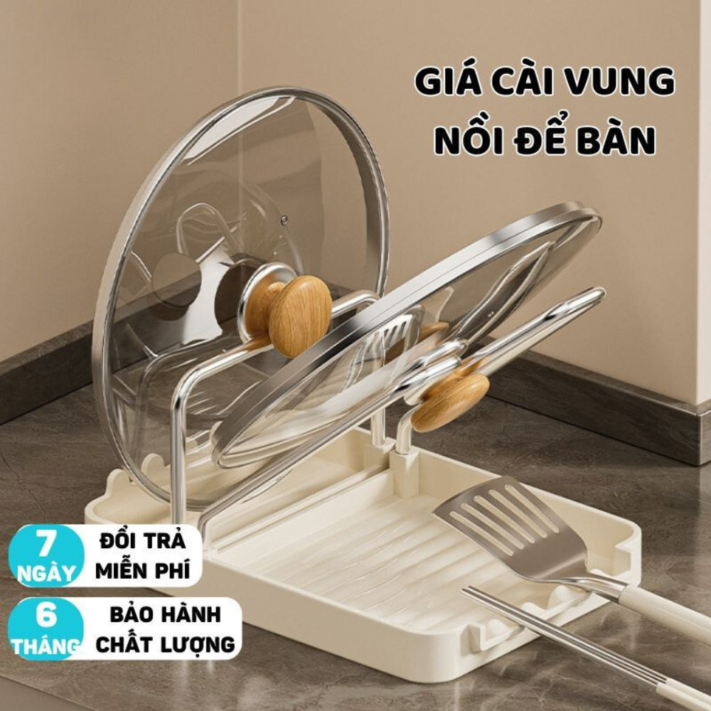 Kệ Để Nắp Nồi Khung Thép Kèm Khay Hứng Nước, Giá Để Vung Xoong Nồi Chịu Lực Để Bàn Đa Năng