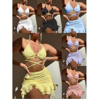 Đồ Bơi Nữ Màu Kẹo Dây Đeo Chéo Voan Váy Ba Mảnh Bikini Tắm SUit