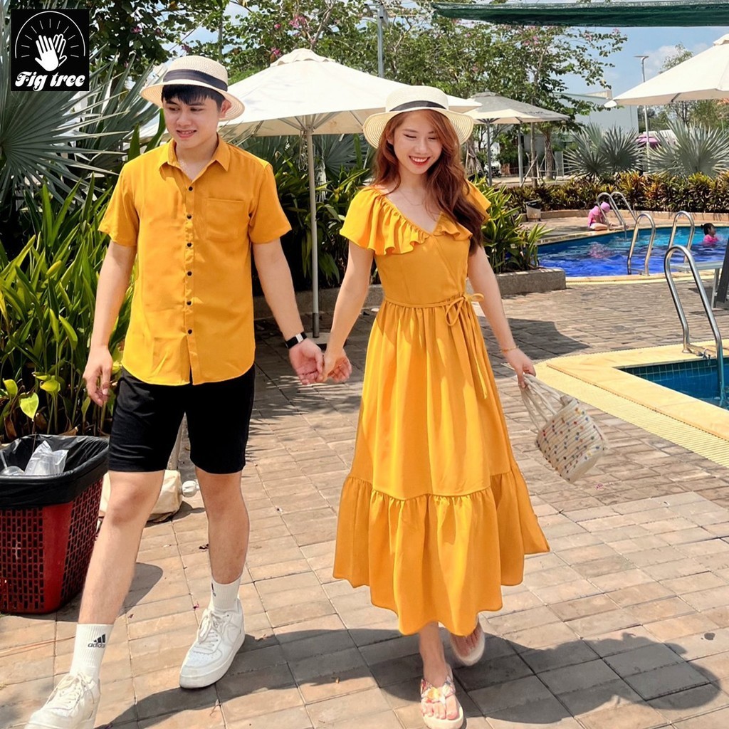 Đồ Đôi - Áo Váy Đôi Fig Tree Màu Vàng Đũi Trơn Cao Cấp Tươi Sáng Hot New (Hàng thiết kế full size)