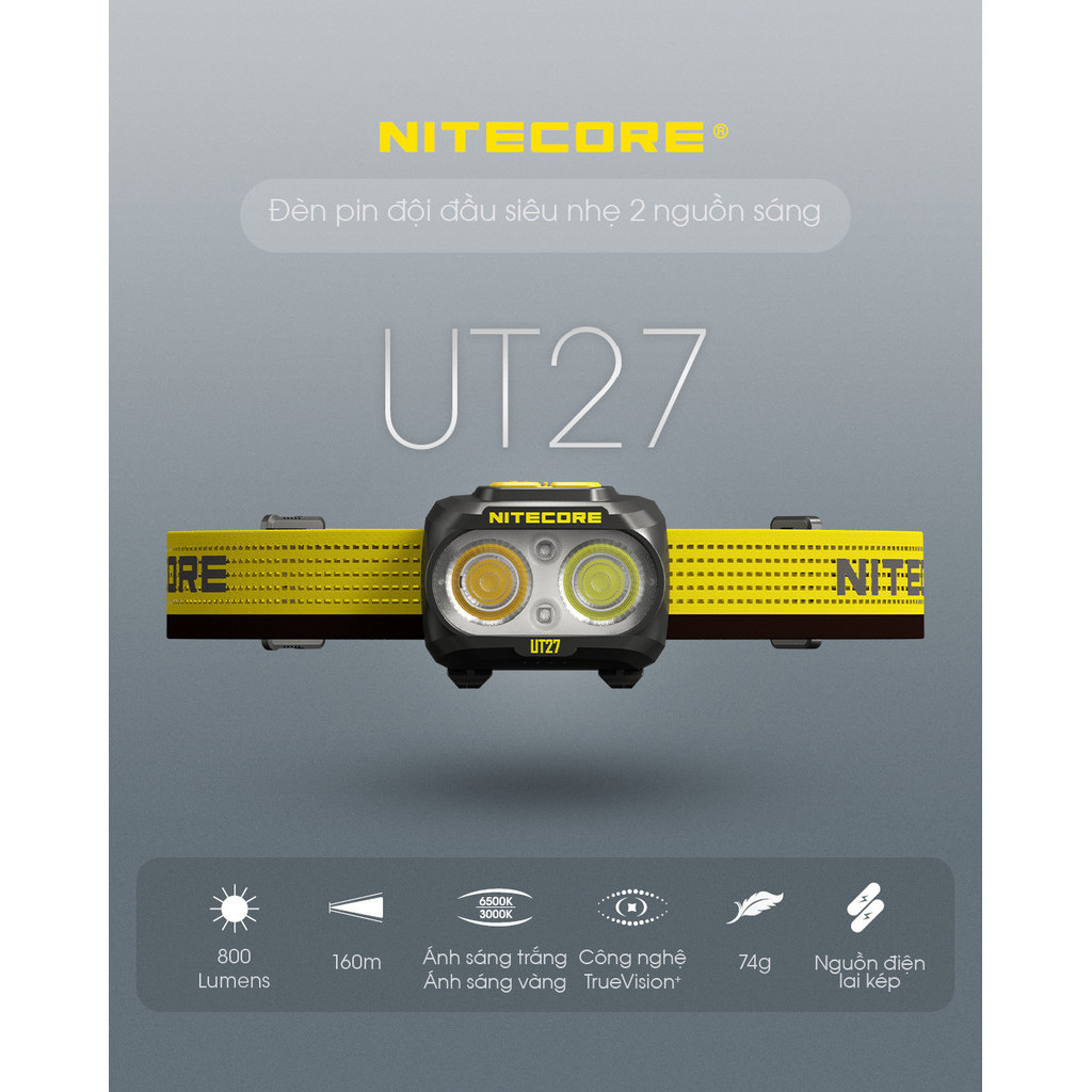 Đèn pin đội đầu NITECORE UT27 800lm siêu nhẹ 74g kèm 02 pin 1500mAh sạc USB C chuyên chạy trail