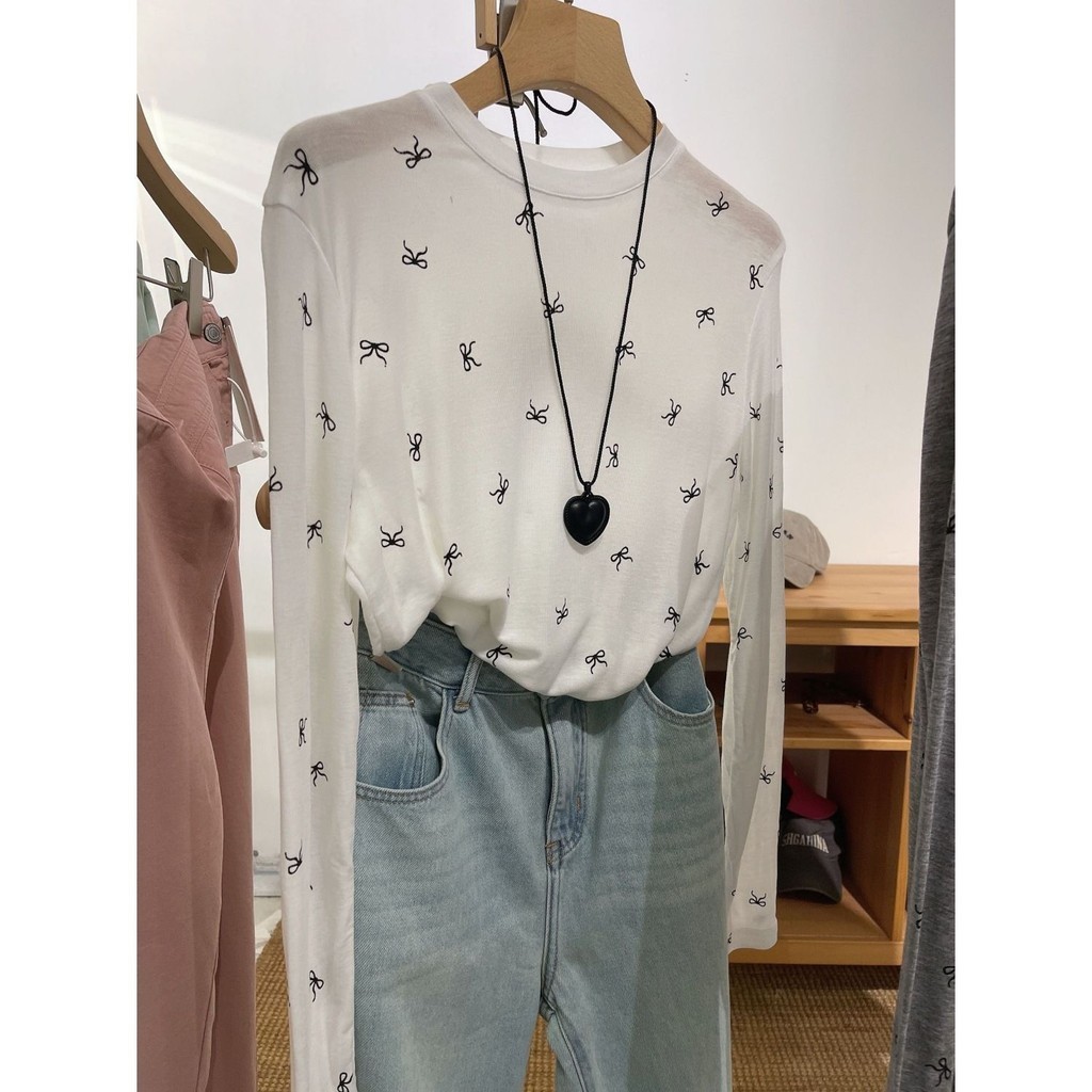 Milyfashion Loose Size Lớn Nơ Lười In Hình Mùa Hè Đáy Cổ Tròn Dài Tay Chống Nắng Top