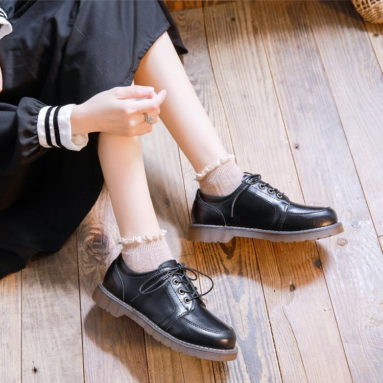 Preppy Phong Cách Retro Ren-Up Giày Da Nhỏ Xuân Thu Phong Cách Hồng Kông Phù Hợp Với Mary Jane Giày Đen Nhật Bản jk Giày Nữ