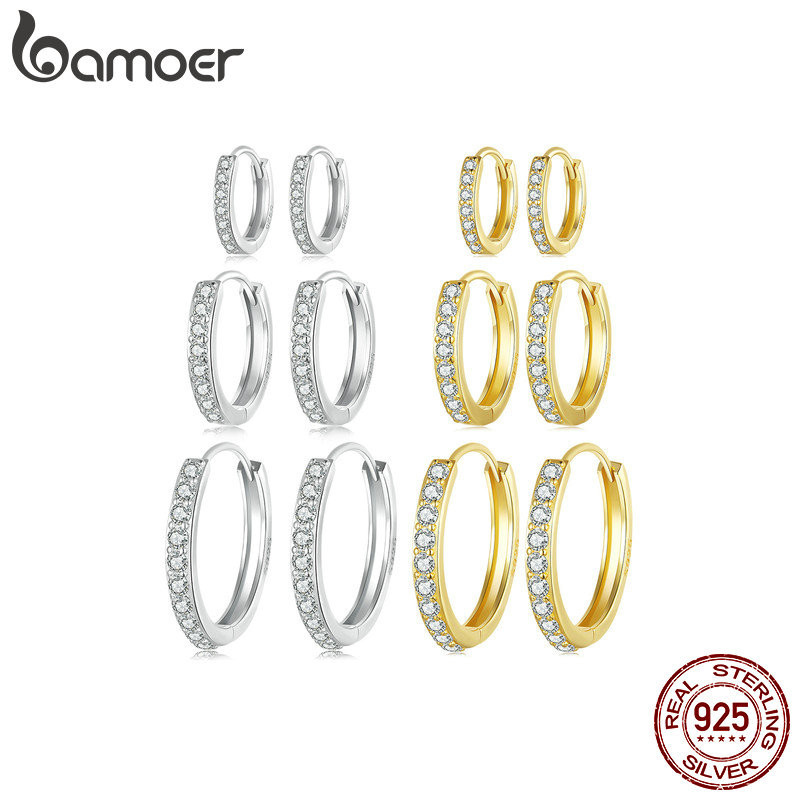 Bông tai vòng bạc Bamoer 925 lấp lánh Trang sức tối giản Quà tặng dành cho nữ