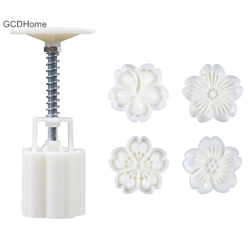Gcdhome 4 Cái / bộ Khuôn Bánh Trung Thu Hoa Anh Đào Khuôn 3D Tay Bấm Máy Nướng Dụng Cụ HOT