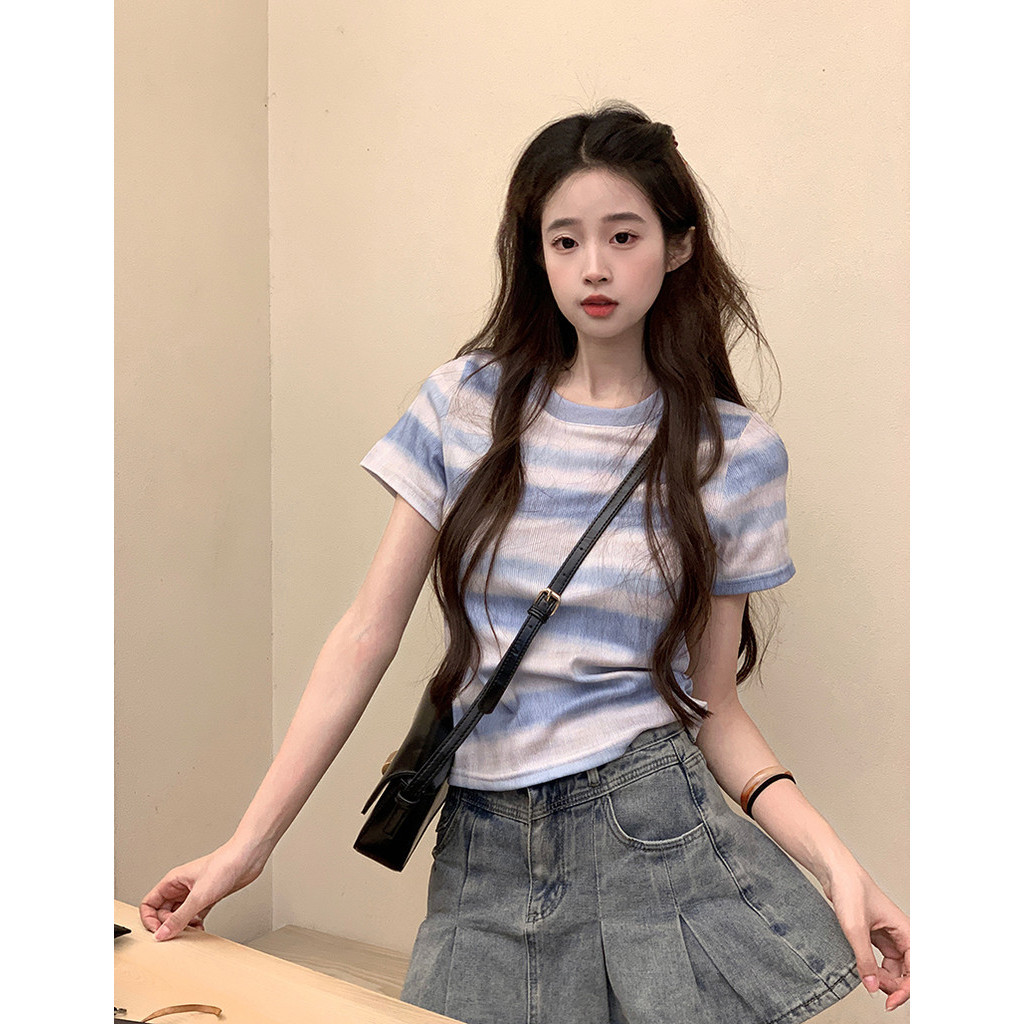 Suxi Áo thun ngắn tay cổ tròn sọc cotton mới 240604