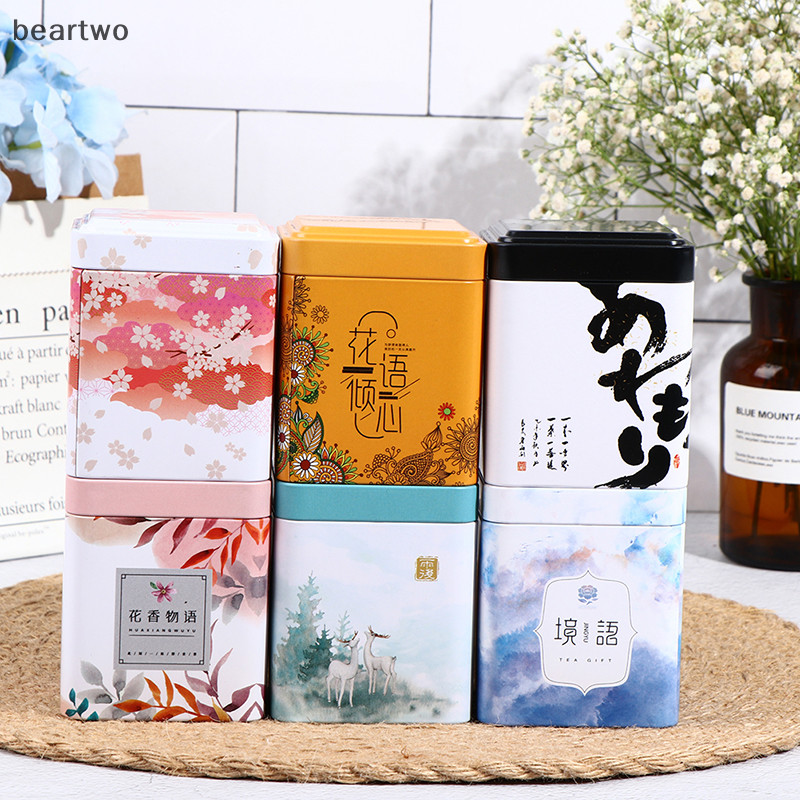 < Beartwo > Trà Kín Hộp Bảo Quản Nhà Bếp Bình Thiếc Vuông Lon Kẹo Sắt Vintage Đẹp