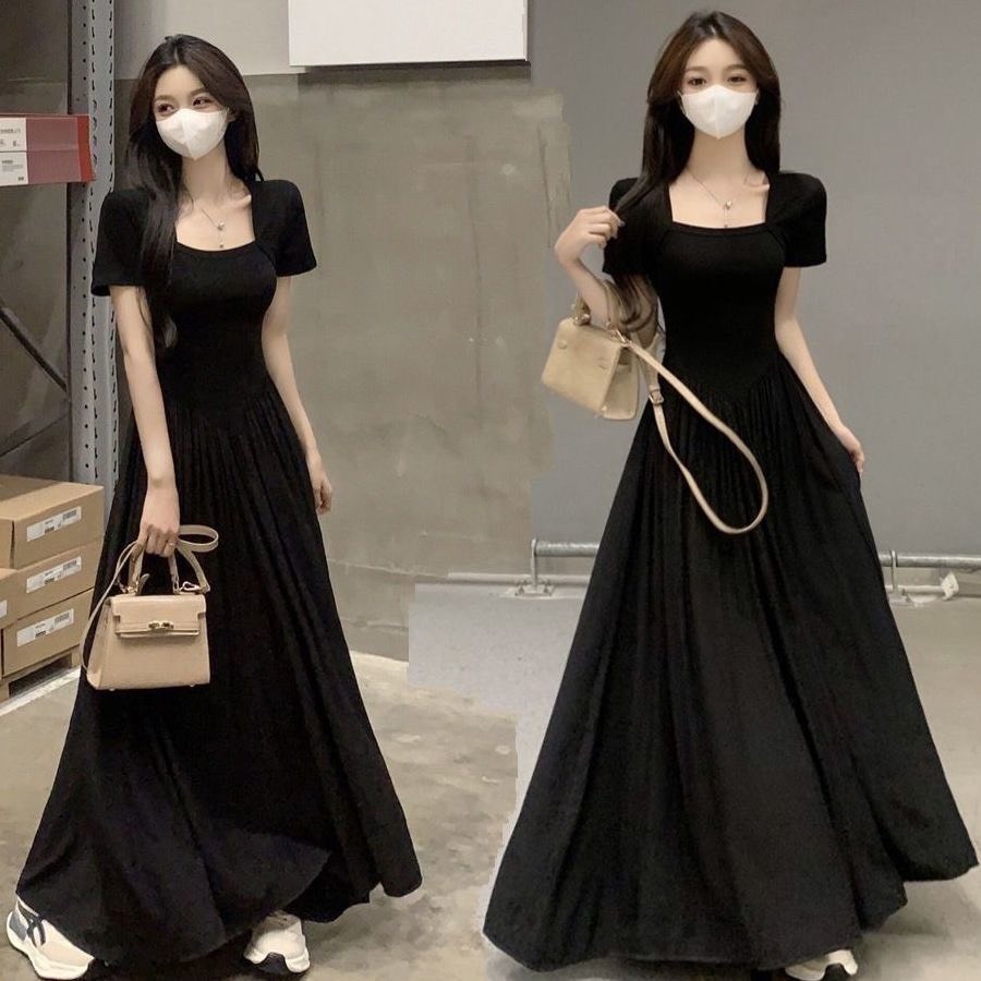 Váy đầm maxi nữ cộc tay cổ vuông dáng dài xòe nhún eo phong cách tỷ tỷ xu hướng Hàn Quốc SP166
