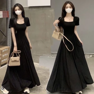 Váy đầm maxi nữ cộc tay cổ vuông dáng dài xòe nhún eo phong cách tỷ tỷ xu hướng Hàn Quốc SP166
