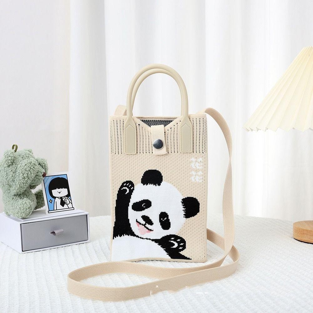 Túi xách dệt kim WOAY, Túi đeo vai Mini hoạt hình, Túi đeo tay thắt nút gấu trúc bằng vải Polyester dung lượng cao có thể tái sử dụng cho học sinh