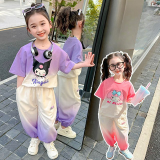 Trang phục phong cách Hàn Quốc mùa hè của bé gái Kuromi Melody 2024: Bộ áo ngắn tay và quần thường ngày có khóa màu hợp thời trang