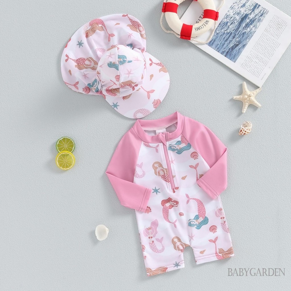 Baga-3tháng-3year Bé Gái Bộ Đồ Tắm Biển In Hình Vỏ Dài Tay Rash Guard Đồ Bơi Vành Rộng Mũ Chống Nắng Trẻ Sơ Sinh Tập Đi Đi Biển