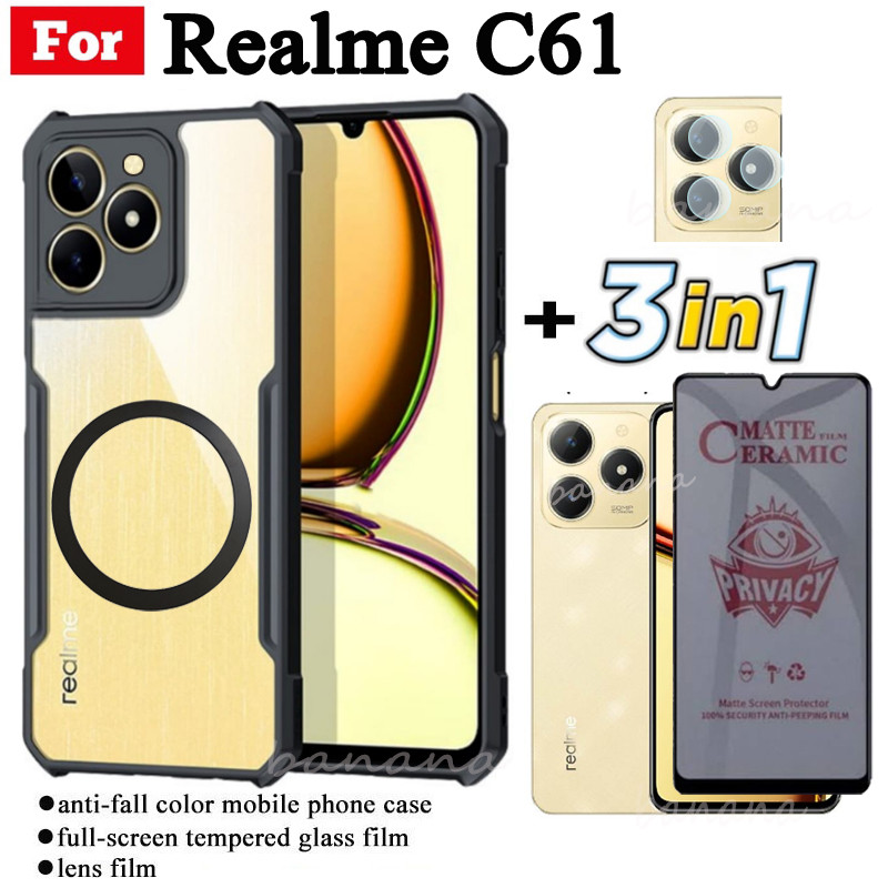 Ốp điện thoại chống sốc 3 trong 1 Realme C61 có nhãn dán sạc không dây từ tính cho Realme C75 C63 Note 60 60X Kính cường lực bảo vệ toàn diện + Phim ống kính