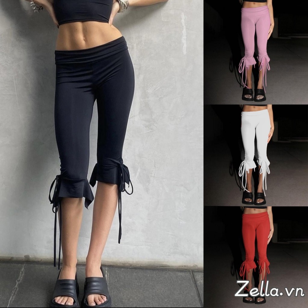 Quần Capri Nữ Màu Trơn Co Giãn Thắt Lưng Buộc Mùa Hè Thường Ngày Crop Co Giãn Quần Legging Crop