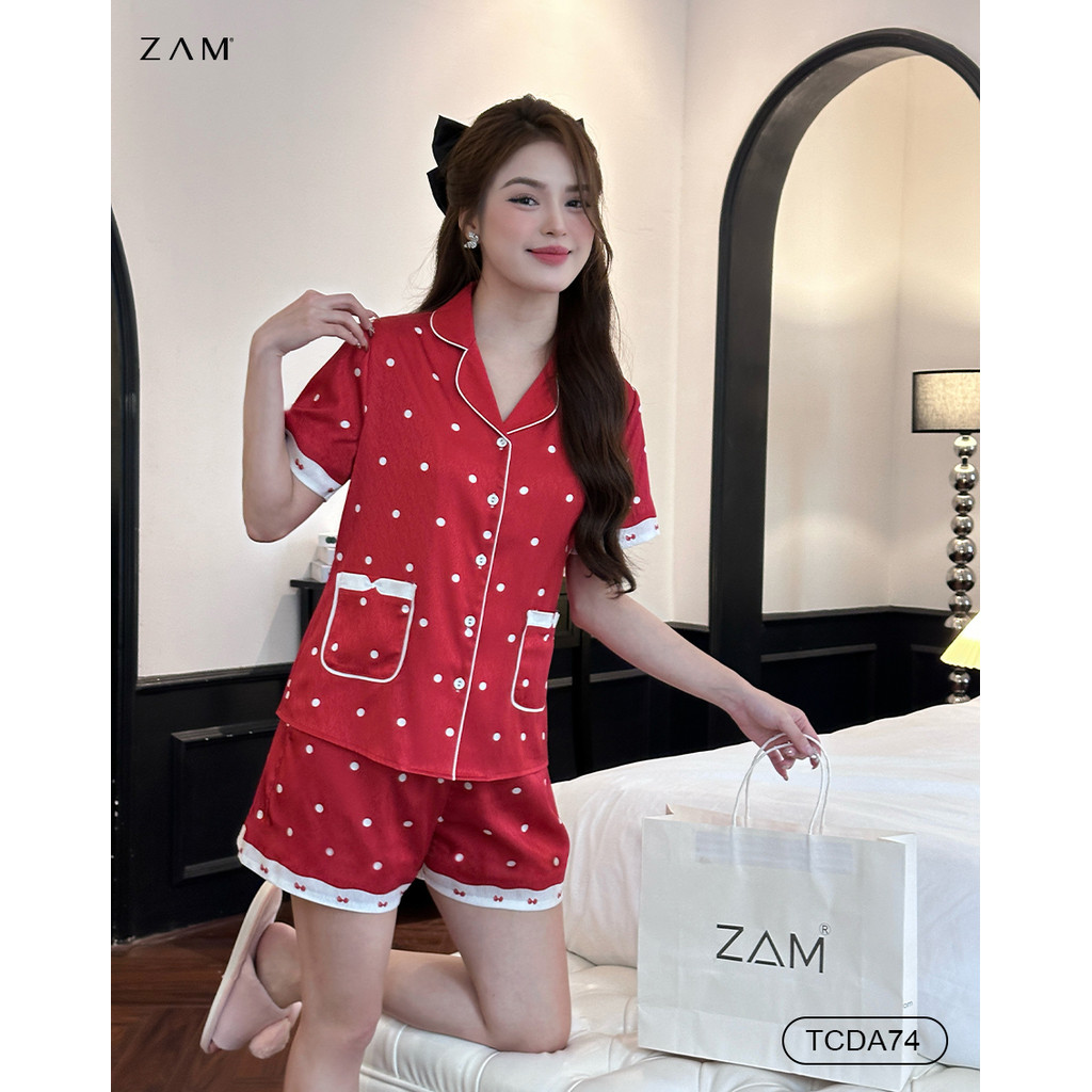 Ảnh BỘ MẶC NHÀ SHE BY ZAM - TCDA74 - BỘ NGẮN TAY QUẦN ĐÙI CHẤM BI ĐỎ TÚI NƠ 3