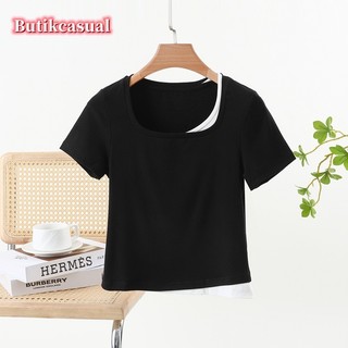 Nữ Ren Áo Thun Nữ Tay Ngắn Trơn 2025 Mùa Hè cotton Thời Trang Giả Hai Áo Sơ Mi Mỏng Áo Thường Ngày