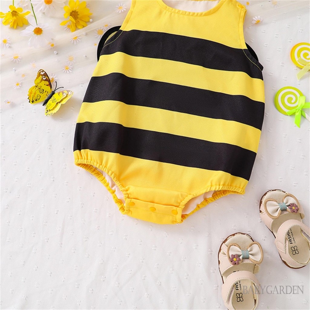 / / -Baby Girls Bee Trang phục sọc cổ tròn không tay áo liền quần + Mũ + Cánh