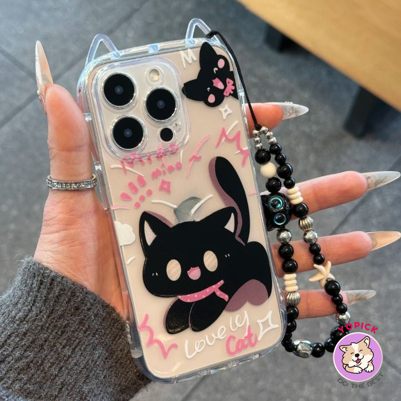 Ốp Điện Thoại Mèo Đen Sợ Cho iPhone 11 12Pro 13 14Plus 15Pro Max 16Plus 16Pro XR XS Max 7 8Plus Dây Xích Tình Yêu Cô Gái Chống Rơi Vỏ Điện Thoại Di Động TED