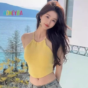 < Honeyba > Áo hai dây mỏng không tay hở lưng gợi cảm ngọt ngào mùa hè dành cho nữ
