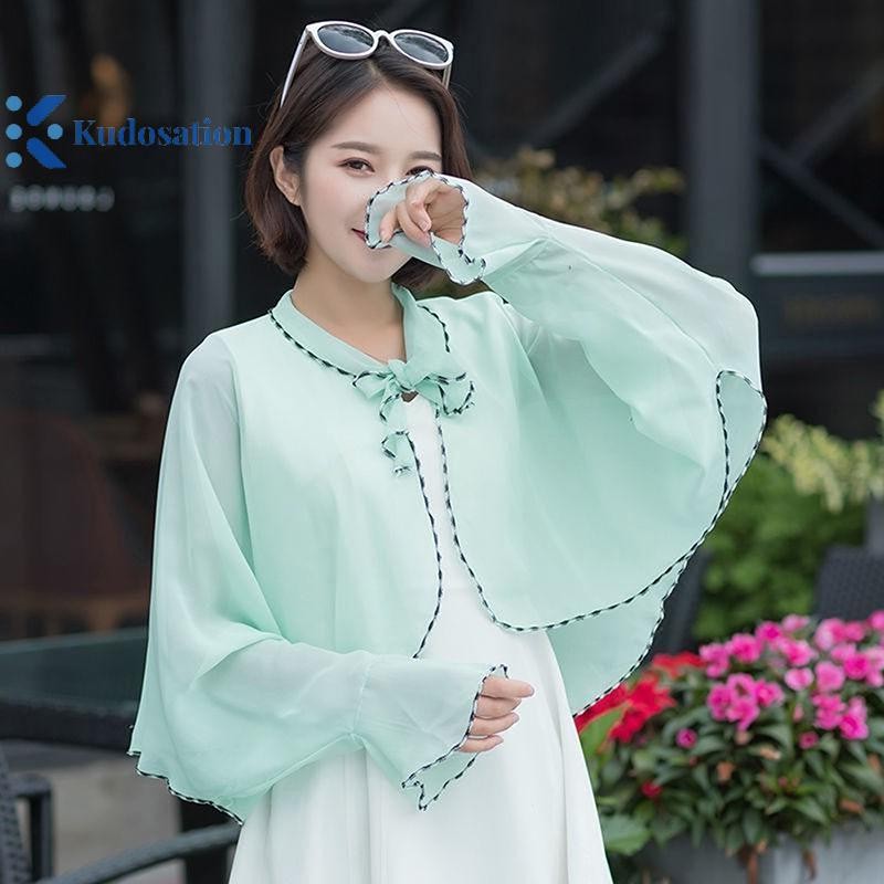 Kudosation Xuân Hè Voan Cổ Giả Quần Áo Khăn Choàng Ngoài Trời Cưỡi Hạt Điều In Chống Nắng Tay Áo Lụa Khăn Bọc