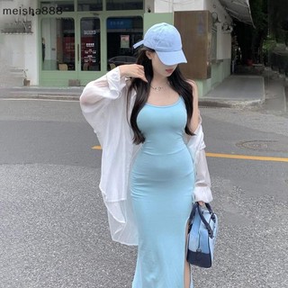 Meisha888 Mùa Hè Nguyên Chất Desire Gợi Cảm Suspender Đầm Nữ Màu Trơn Ôm Hông Che Dài Đầm Đẹp