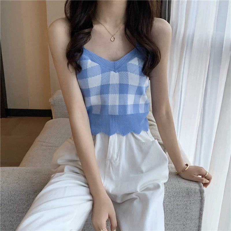 Áo vest yếm dệt kim lưới dành cho nữ mùa hè 2025, áo thun mỏng vừa vặn kiểu Pháp mới dành cho nữ