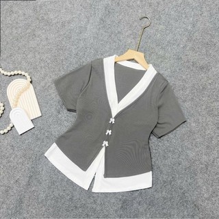 Áo thun kiểu Bigsize nữ thiết kế cổ tim vạt xẻ đính nơ vải gân tăm co giãn thoải mái ôm tôn thon gọn dáng - A271