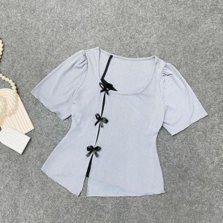 Áo thun Bigsize nữ kiểu tiểu thư cổ tim vạt xẻ gắn nơ xinh vải gân tăm co giãn thoải mái ôm tôn thon gọn dáng - A273
