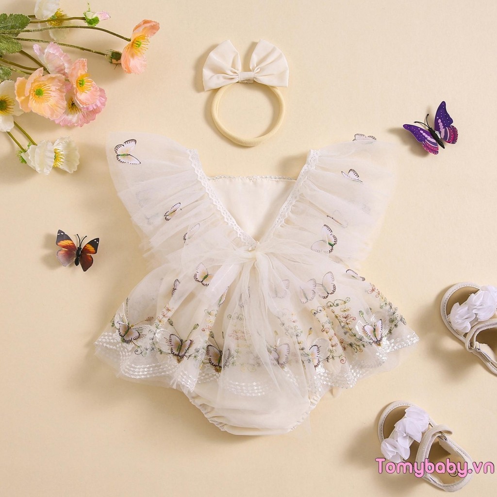 Bé Gái Rompers Ren Viền Họa Tiết Bướm Thêu Bay Tay Áo Tulle Viền Body Quần Áo + Băng Đô