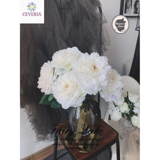 Cành hoa trà mẫu đơn từ lụa kèm lá và nụ cao 30 cm, bôn lớn 10cm