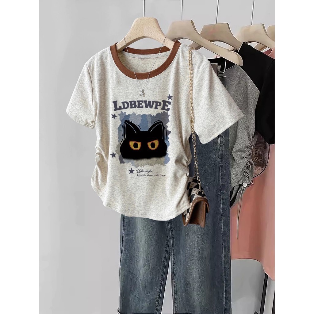 Suxi Ngọt Ngào In Hoạt Hình Mùa Hè Mới Thường Ngày Slim Fit Đa Năng Cổ Tròn Tay Ngắn Áo Thun Nữ Nguyên Chất Cotton Top 240529