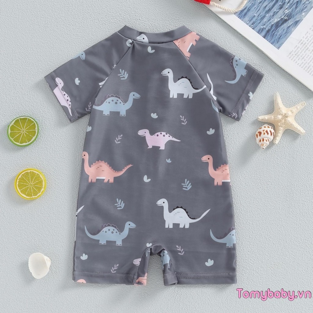 Bé Trai Khủng Long Đồ Bơi Cổ Tròn Nửa Zip Lên Tay Ngắn Rash Guard Bộ Đồ Tắm Cho Đi Biển