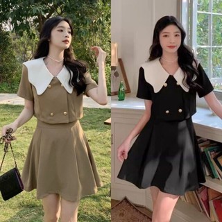 Set thiết kế dự tiệc áo tay ngắn cổ bèo gợn sóng croptop kèm chân váy ngắn xòe xếp ly chữ A xinh xắn 50-59kg SET829