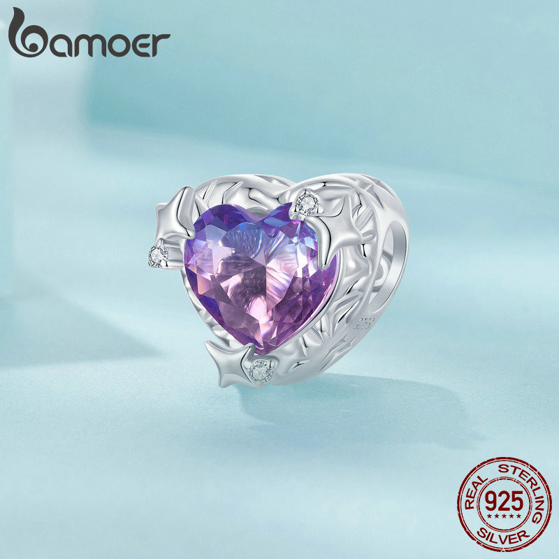 Bamoer 925 Sterling Sliver Charm Gradient Tím-pink Trái Tim Mặt Dây Chuyền Phụ Kiện Cho Vòng Tay